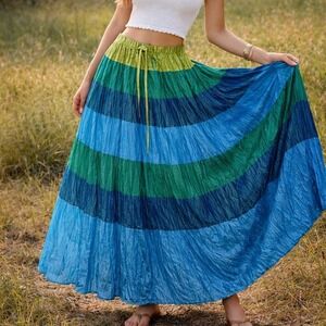 Vintage Cache 100% Silk Y2K Crinkle Maxi Skirt Fairy Forest Whimsigoth Tiered M